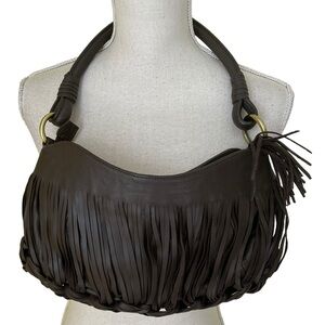 Sondra Roberts Chocolate Brown Faux Leather Braided Fringe Shoulder Bag